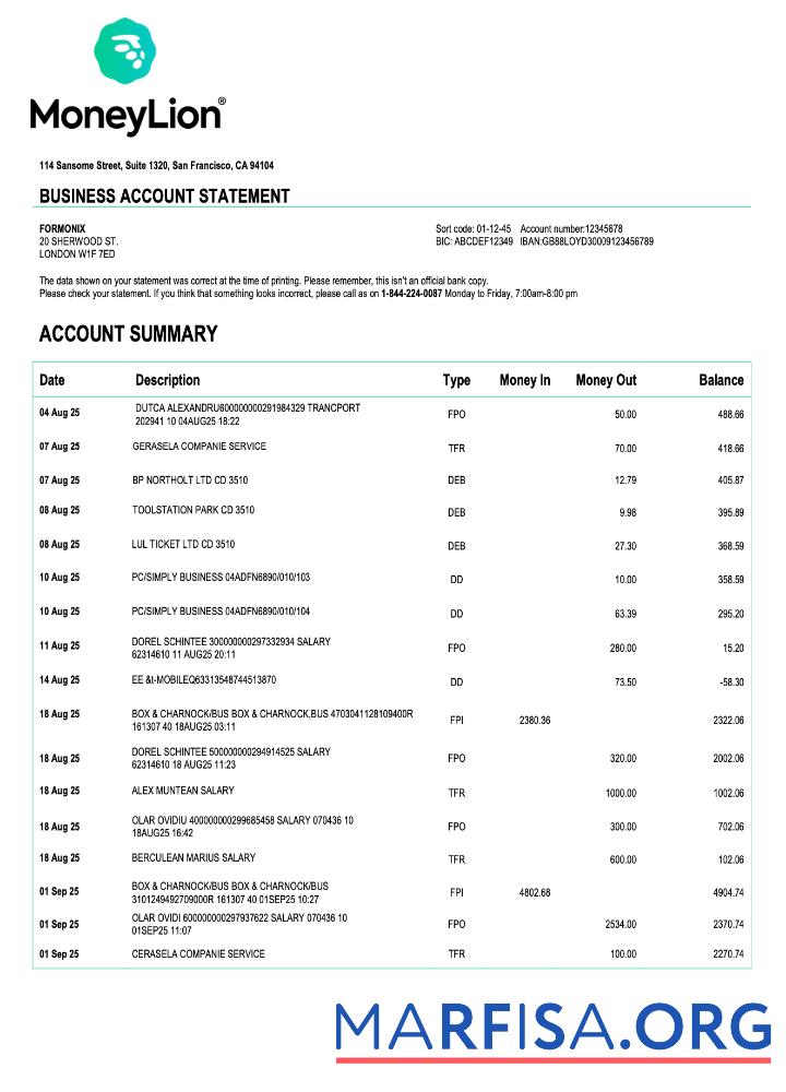 Blank USA California MoneyLion enterprise account statement Word and PDF template